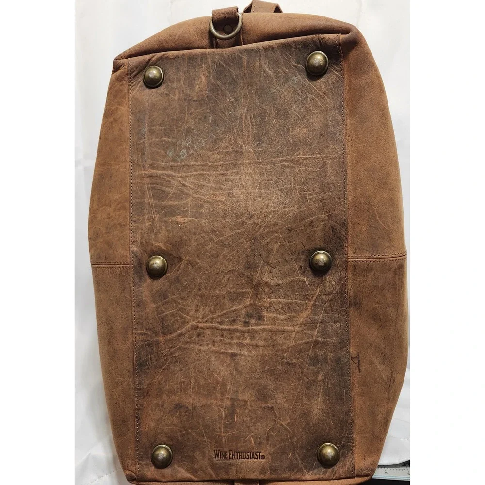 Wine Enthusiast Distressed Brown Leather Duffel Bag Weekend Brass Hardware READ!